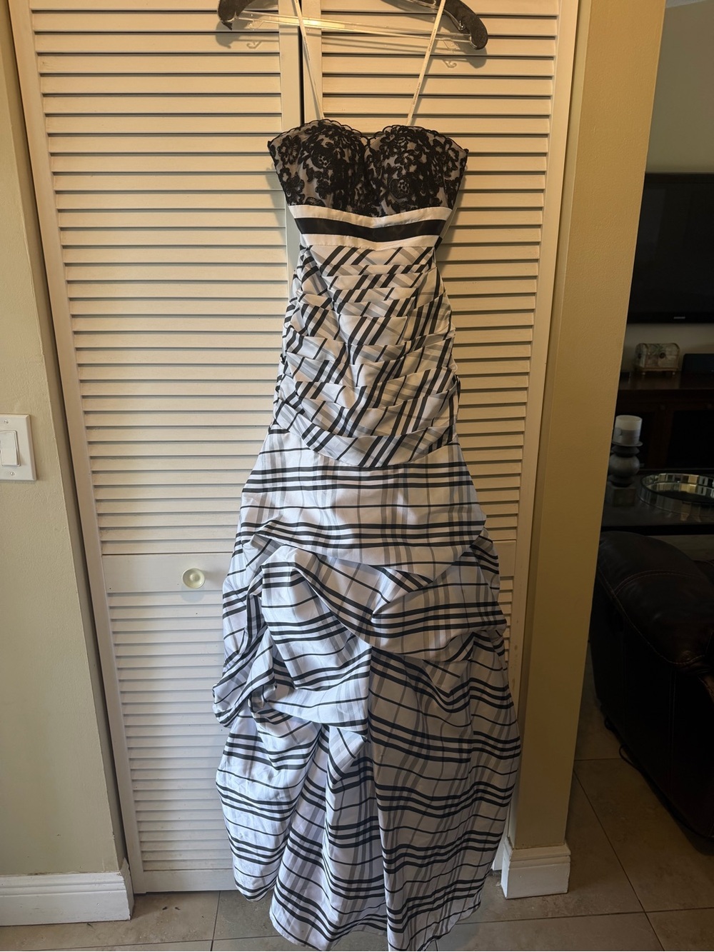 Strapless Black and White Lace Bodice Plaid Evening Dress